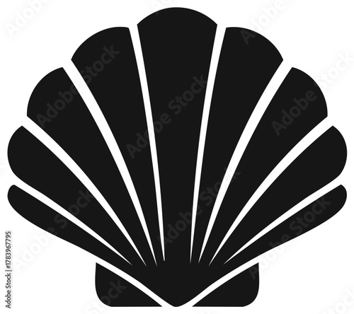 Minimalist black ocean scallop shell vector silhouette icon for marine design