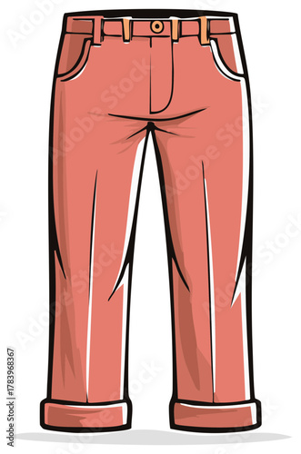 Cartoon illustration of coral colored trousers with white stitching and turn ups, fashionable garment