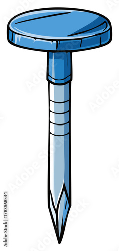 Simple cartoon drawing of a blue nail with a sharp tip for carpentry and construction projects