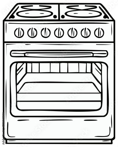 Cartoon style drawing of a stove oven range for cooking, baking, in a kitchen, appliances, equipment.