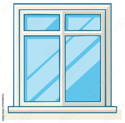 Cartoon illustration of a white window with blue glass panes reflecting light