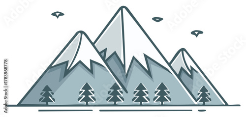 Minimalist mountain range illustration with trees, snow, and birds on a white background.
