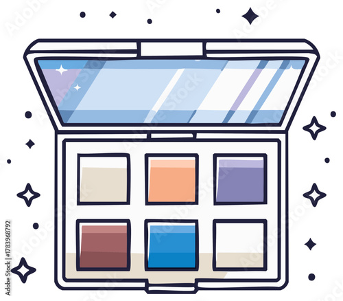Sparkling eyeshadow palette with mirror cartoon vector illustration