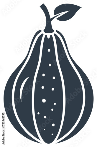 Stylized Pear Fruit Icon with Stem and Leaf Dark Silhouette