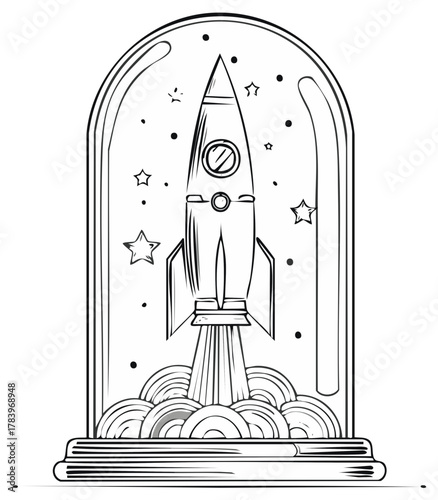 Monochrome line art of a rocket taking off inside a creative glass dome filled with stars