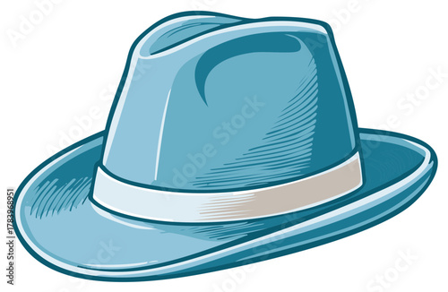 Vintage blue fedora hat with white band, illustration of classic headwear accessory