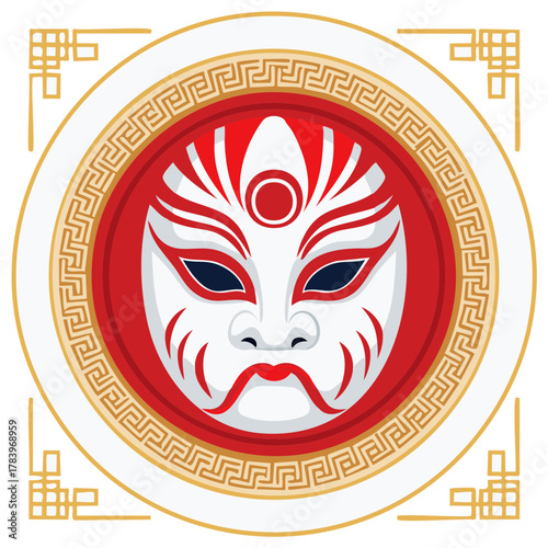 Stylized Japanese Kabuki theater mask with red and white face paint and traditional decorative border