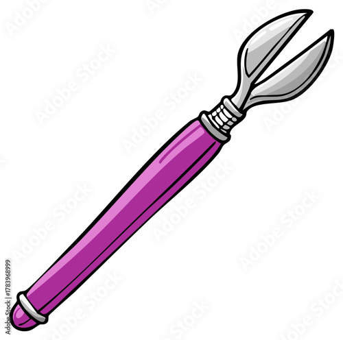 Vibrant purple handled specialized utility tool with silver prongs illustration