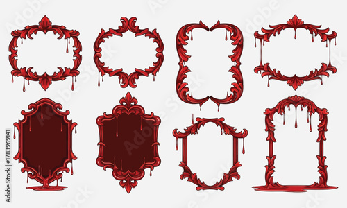 Collection of intricately designed gothic frames featuring a striking dripping red effect, ideal for eerie Halloween graphics, vintage horror designs, and decorative holiday themes