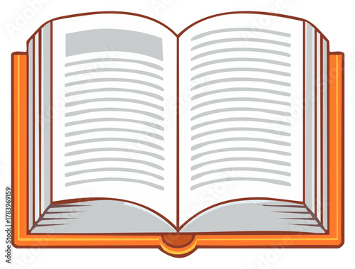 Illustrated open book with orange cover and white pages, representing education, reading, and knowledge