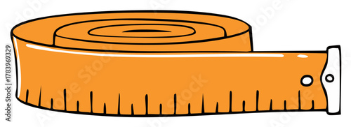 A vivid orange coiled tape measure illustrated in a simple cartoon style for craft and diet concepts