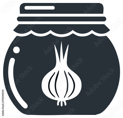 Garlic in a jar glyph, canned vegetables symbol, food preservation concept, pantry staple, produce, flat icon