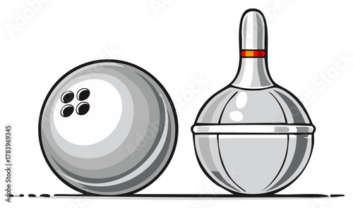 Cartoon of Silver Bowling Ball with Finger Holes Beside a Bowling Pin