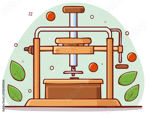 Vintage botanical press machine for extracting natural essence and herbal oils illustration