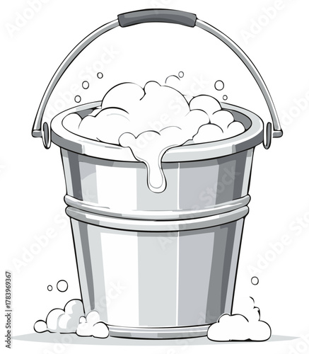 Illustration of a shiny metal bucket filled with foamy soap bubbles, clean, cleaning
