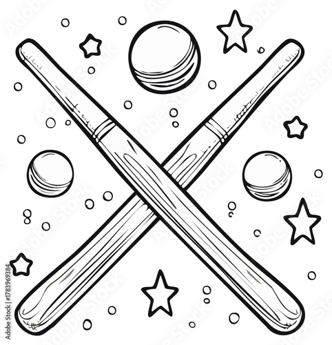 Baseball Bats and Balls Crossed with Stars and Circles Graphic