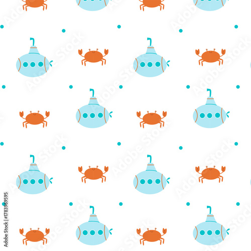 A bright summer pattern with a submarine and a funny crab. Perfect for children's textiles and rooms.