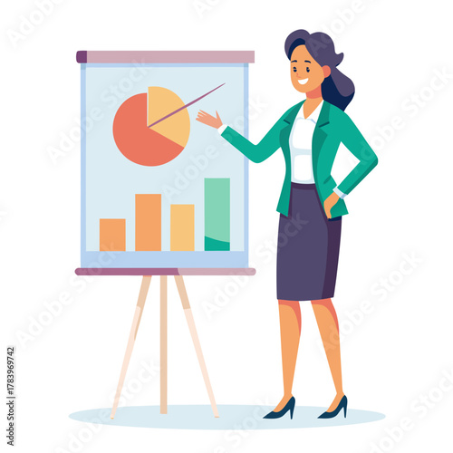 Businesswoman presenting financial data and charts on a flip chart easel during a meeting