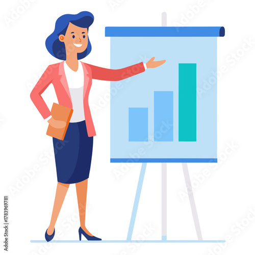 Businesswoman presenting a growing bar chart on a flip chart during a meeting