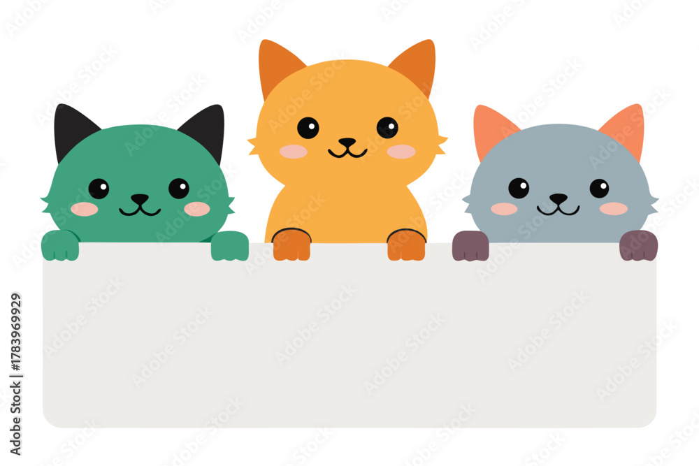 Fototapeta premium Three cute colorful cats are peeking over a white sign with a transparent background