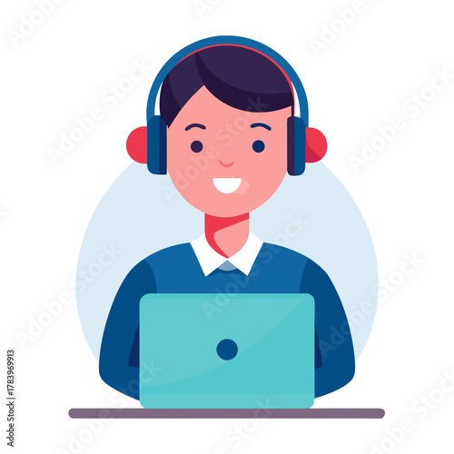 Smiling person wearing headphones and working on a laptop computer illustration