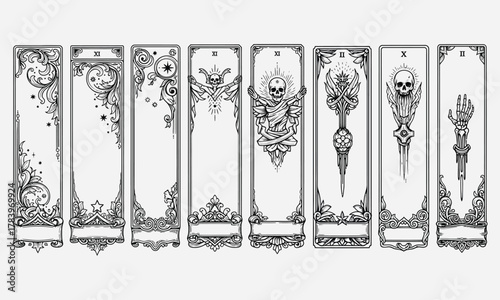 Set of Ornate Fantasy Bookmark Designs Featuring Mythical Creatures and Skulls