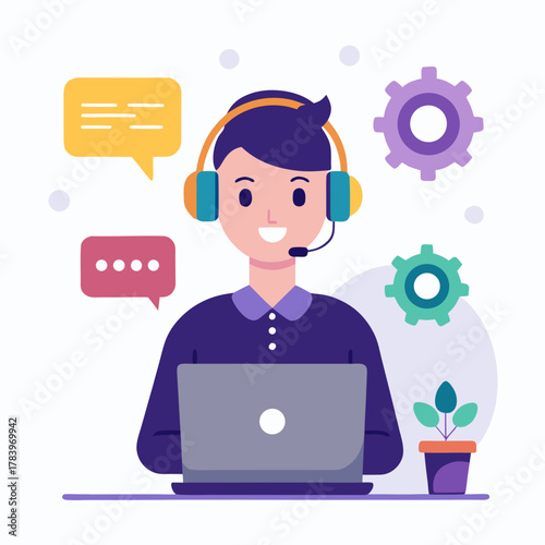 Friendly customer service representative with headset and laptop surrounded by communication and technical support icons