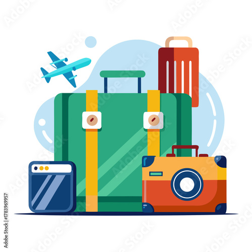 Colorful collection of travel luggage and an airplane symbolizing vacation and adventure