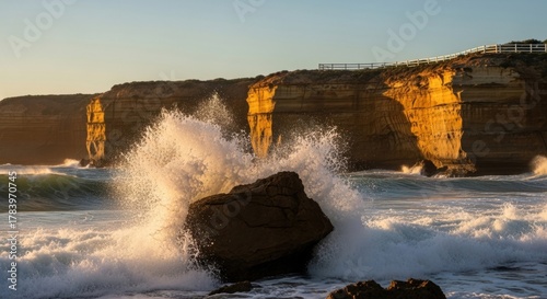 Fototapeta Naklejka Na Ścianę i Meble -  Powerful ocean wave crashing on coastal rock formation. Dramatic sea spray during golden hour sunset. Scenic sandstone cliffs along a rugged coastline. Natural untamed energy concept