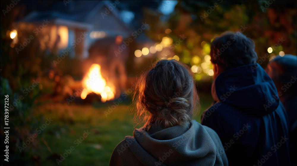 Fototapeta premium Friends hosting a small backyard fire pit gathering, fire pit, outdoors, warmth, conversation, winter night, with copy space