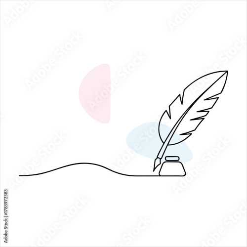 Quill pen and inkwell with pastel accents on white