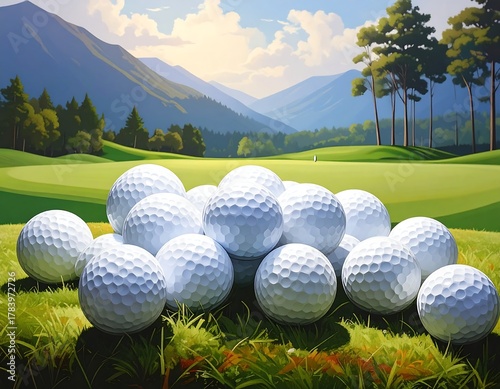 Cartoon-style golf balls piled on vibrant green grass with a scenic background
