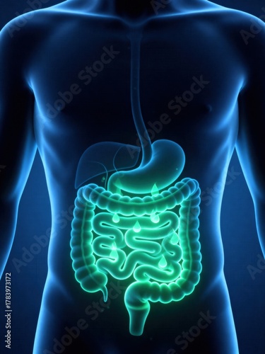 Advanced 3D Medical Illustration of the Human Torso Revealing a Healthy, Active Digestive System with Glowing Green Intestines and Liquid Drops.