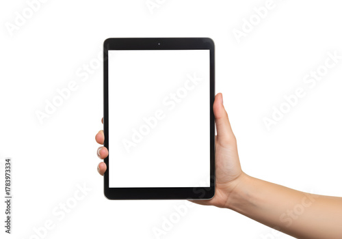Hand holding a black tablet with a white screen isolated on transparent background