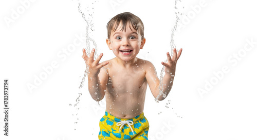 Joyful boy splashing water with excitement