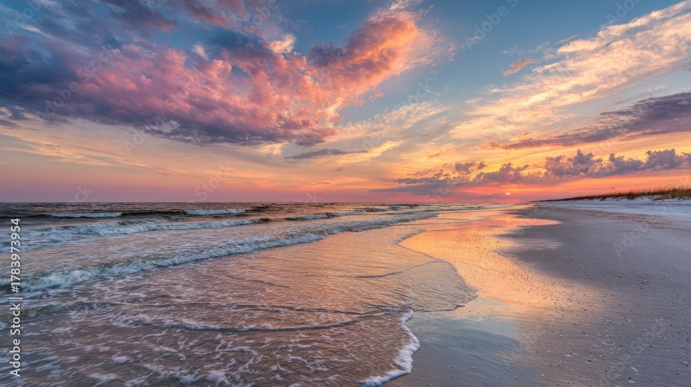Fototapeta premium Bright, warm sunset paints the sky with pink, orange, and purple hues. Gentle waves lap at the shoreline, creating a serene atmosphere ideal for relaxation.