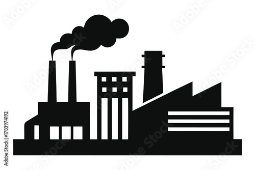 A monochrome industrial factory silhouette releases dark smoke from its chimneys into the air