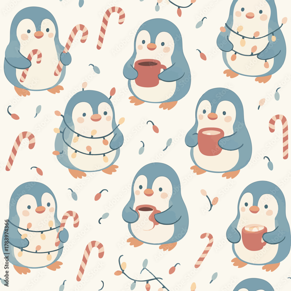 Fototapeta premium Penguins with Fairy Lights