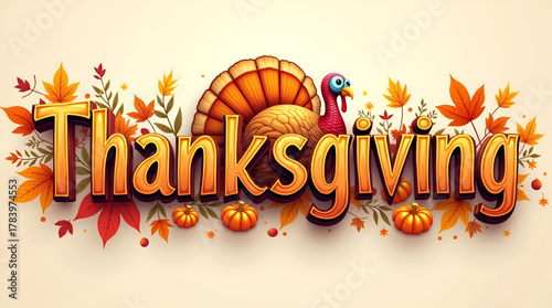 Elegant calligraphic “Thanksgiving” lettering with ornate flourishes, accented by turkey feathers, acorns, and wheat motifs, designed for refined invitations and holiday banners