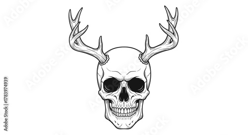 Intricate outline drawing showcases a detailed human skull adorned with powerful antlers, merging gothic aesthetic with nature-inspired elements.