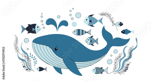 Serene underwater illustration showcases a magnificent blue whale swimming gracefully amidst schools of fish, vibrant seaweed, and playful bubbles.