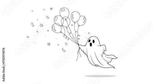 Playful line art illustration features a cheerful cartoon ghost happily holding a bundle of balloons, surrounded by flying confetti and stars.