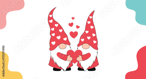 Adorable illustration features two sweet gnomes wearing heart-patterned red hats, lovingly holding a large red heart, complemented by abstract corner shapes.