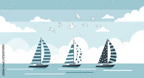 Serene nautical scene features three elegant sailboats with patriotic striped and starred sails gliding on calm waters under a cloudy sky with seagulls.