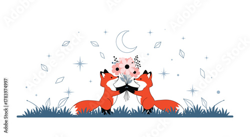 Romantic illustration features two adorable foxes lovingly holding a delicate flower bouquet under a serene crescent moon and sparkling stars.