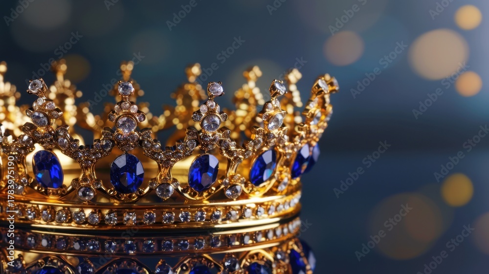 Obraz premium A golden crown adorned with blue gemstones and sparkling diamonds. The background features a soft bokeh effect, enhancing the regal appearance.
