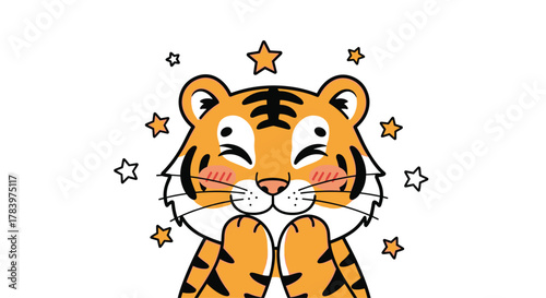 Adorable cartoon tiger cub with rosy cheeks and a happy expression, surrounded by sparkling stars, radiating joy and cuteness.