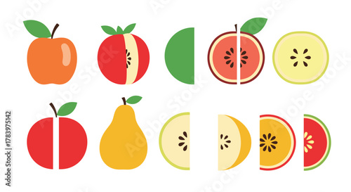 Assortment of vibrant whole and precisely cut apples and pears, showcasing their fresh interiors and juicy textures in a clean, graphic style.