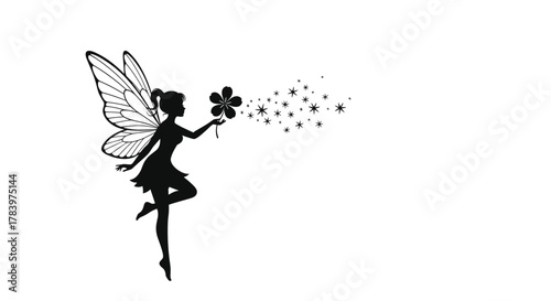 Enchanting silhouette of a graceful fairy with delicate wings, holding a magical flower that emits a trail of sparkling stars, creating a whimsical scene.
