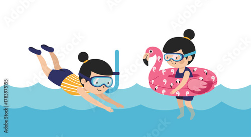 Cheerful illustration depicts two happy children enjoying a summer swim, one snorkeling underwater and the other floating playfully in a pink flamingo tube.